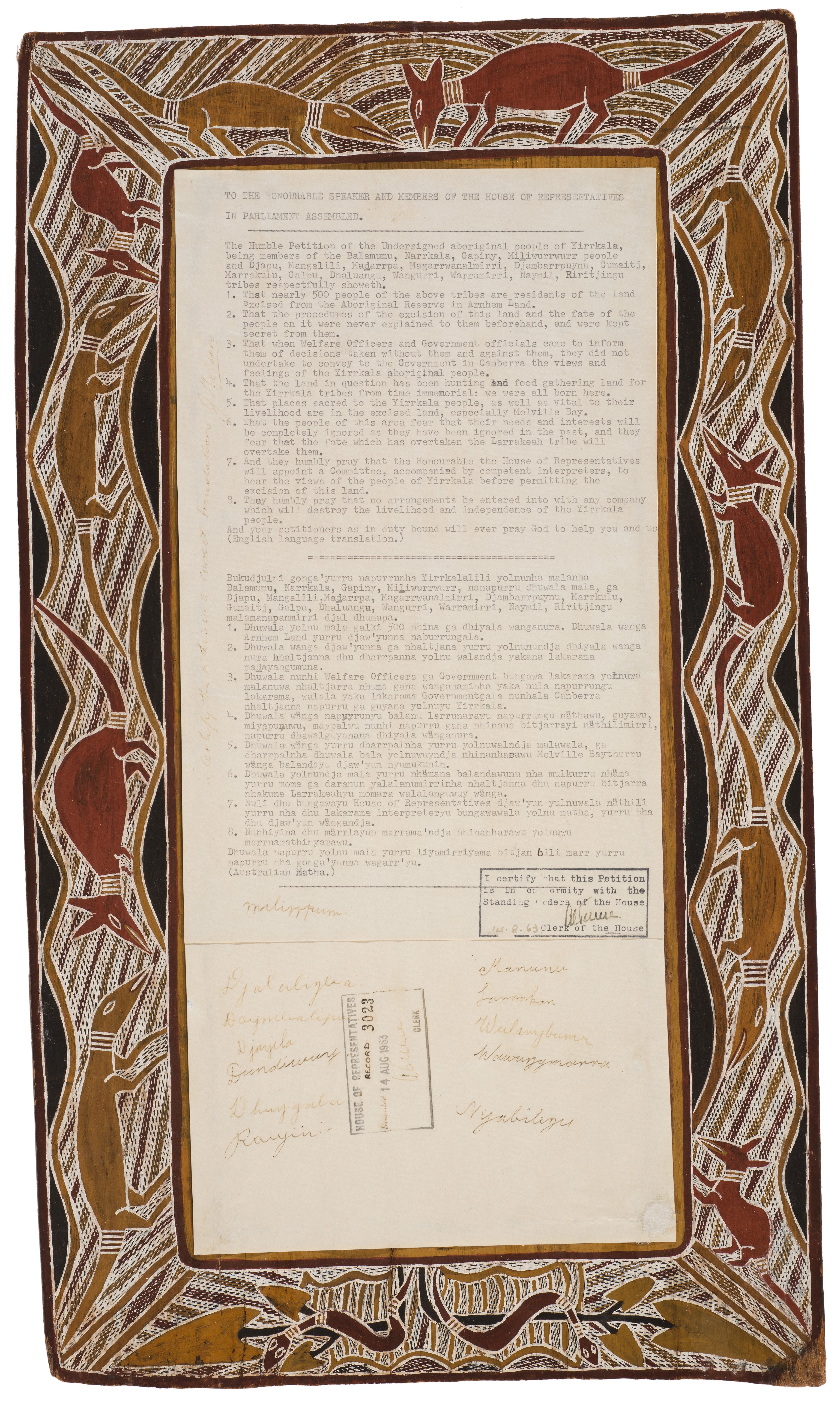 Yirrkala bark petition, 1963. The Yolngu people from Yirrkala in eastern Arnhem Land, Northern Territory, used their traditional art form in this petition to the Commonwealth Parliament for an inquiry into their land rights and the effects of a bauxite mine.