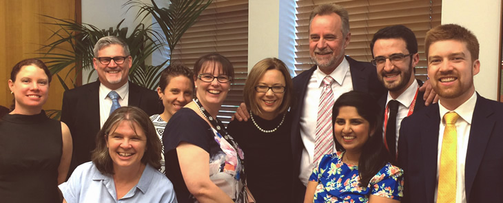 Minister Nigel Scullion with members of the policy and legal teams celebrating the passing of the Higher Education Support Legislation Amendment Bill 2016
