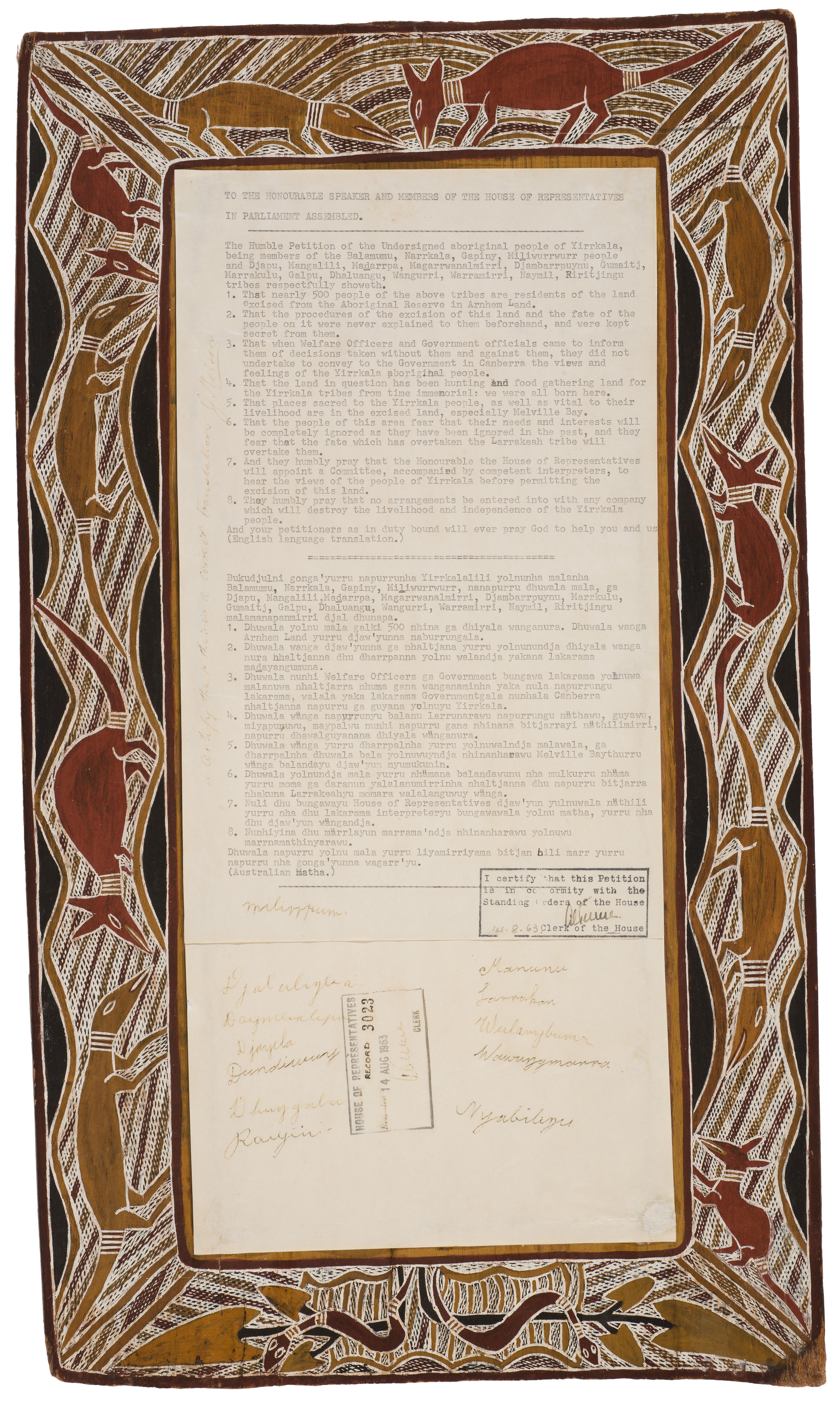 Yirrkala bark petition, 1963. The Yolngu people from Yirrkala in eastern Arnhem Land, Northern Territory, used their traditional art form in this petition to the Commonwealth Parliament for an inquiry into their land rights and the effects of a bauxite mine.