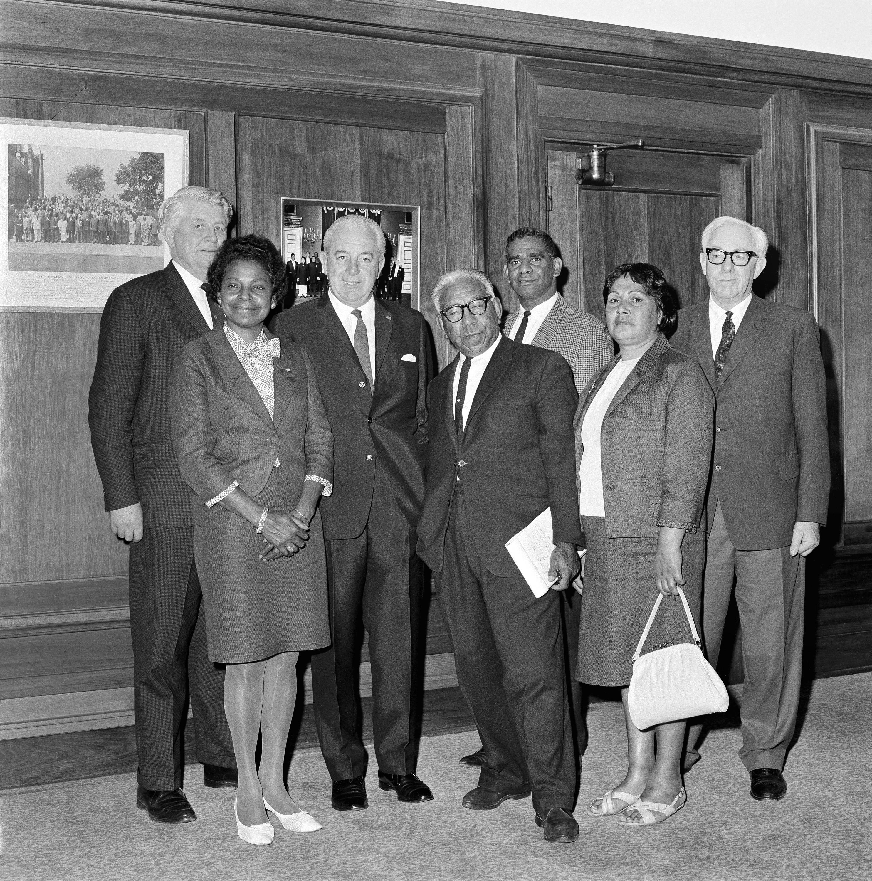 Members of the Federal Council for the Advancement of Aborigines and Torres Strait Islanders meet with Australian Prime Minister Harold Holt and members of Parliament in 1967 to discuss the referendum proposal. (L to R) Gordon Bryant (a member of Parliament), Faith Bandler, Harold Holt, Douglas Nicholls, Burnum Burnum, Win Branson, and William Wentworth (a member of Parliament).