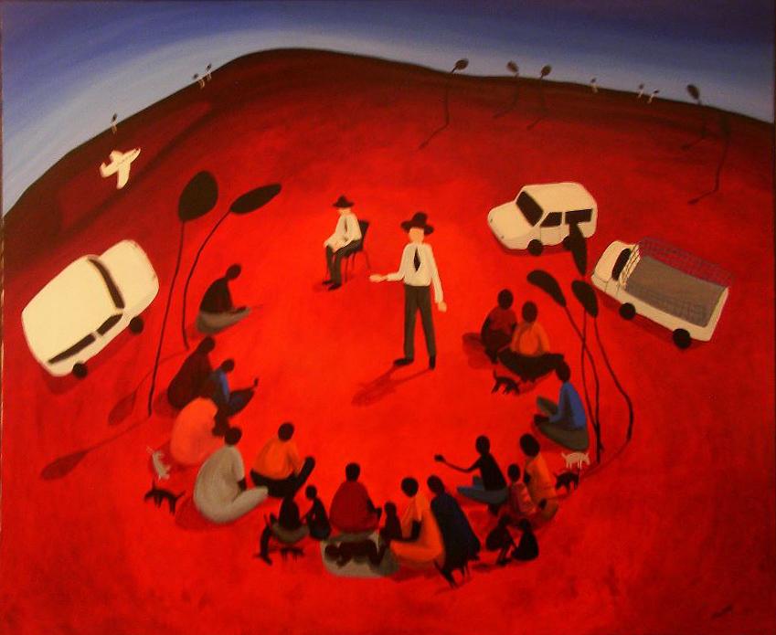 White fellas come to talk bout land&nbsp;(1998). Winner of First Prize in the 15th Telstra National Aboriginal and Torres Strait Islander Art Awards.