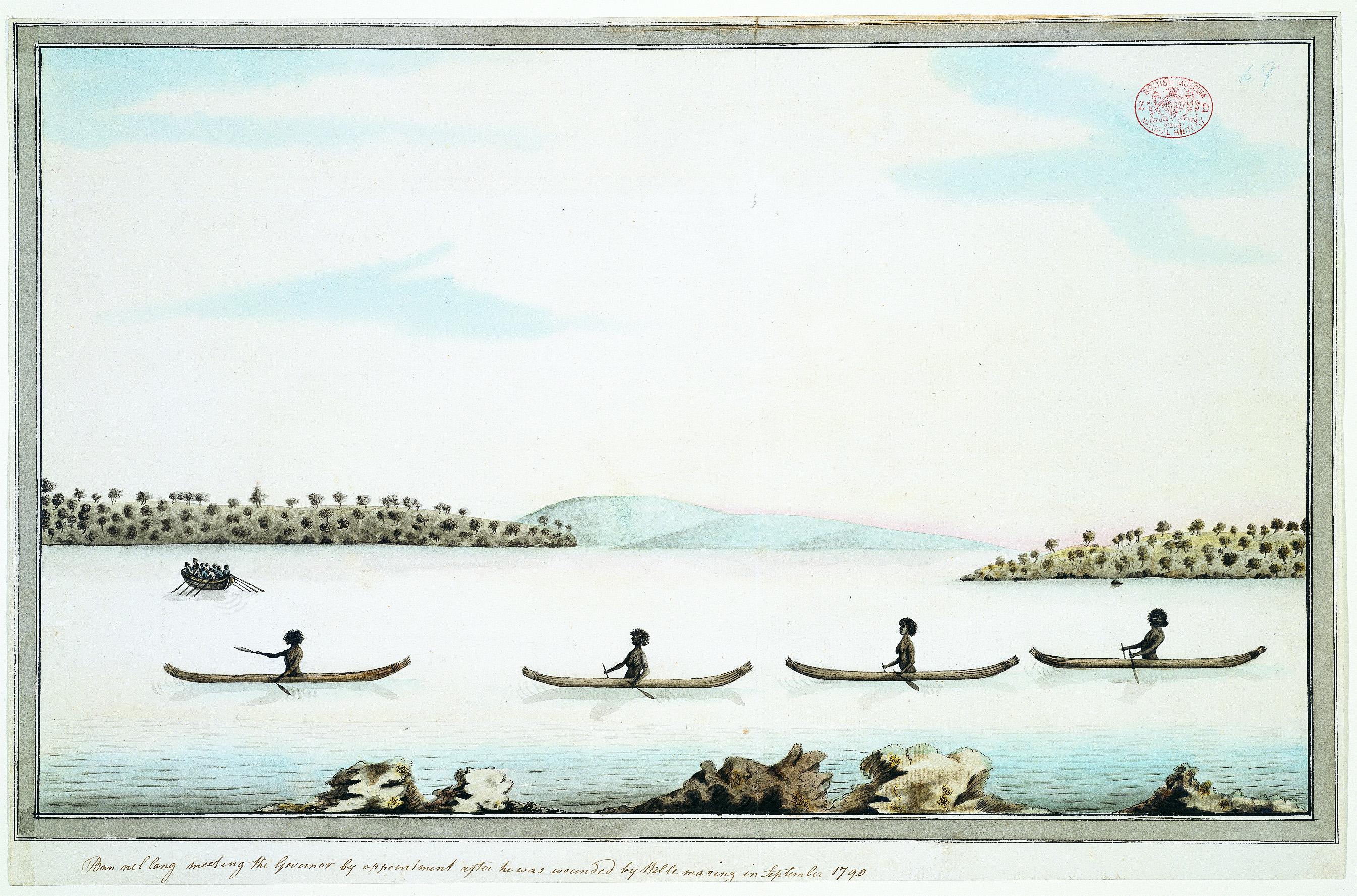 Watling drawing&nbsp;40, Ban nel long meeting the Governor by appointment after he was wounded by Wil le maring in September 1790.