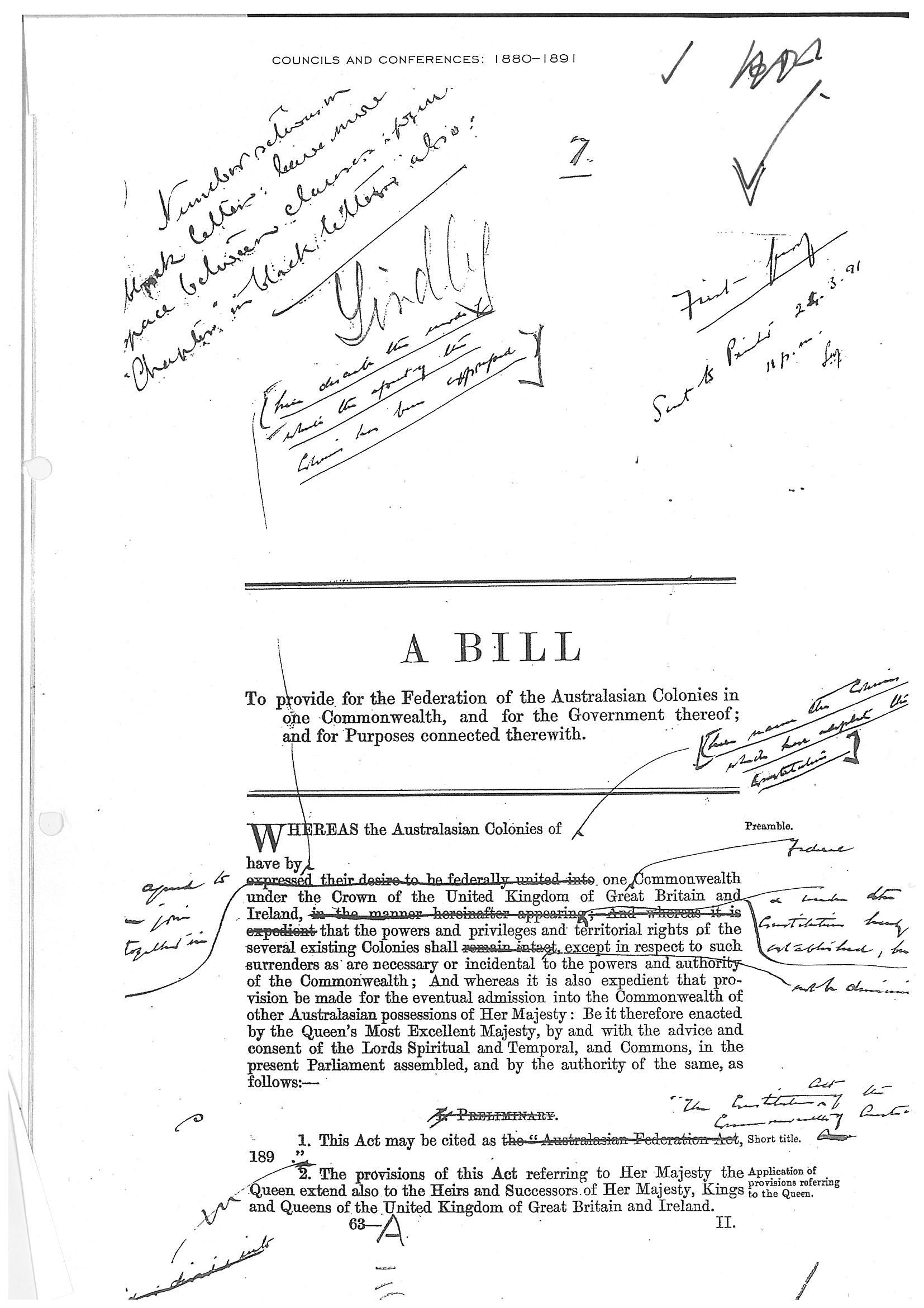 This is the first page of the first official draft of the Constitution developed, debated and amended at the convention in Sydney in March 1891.