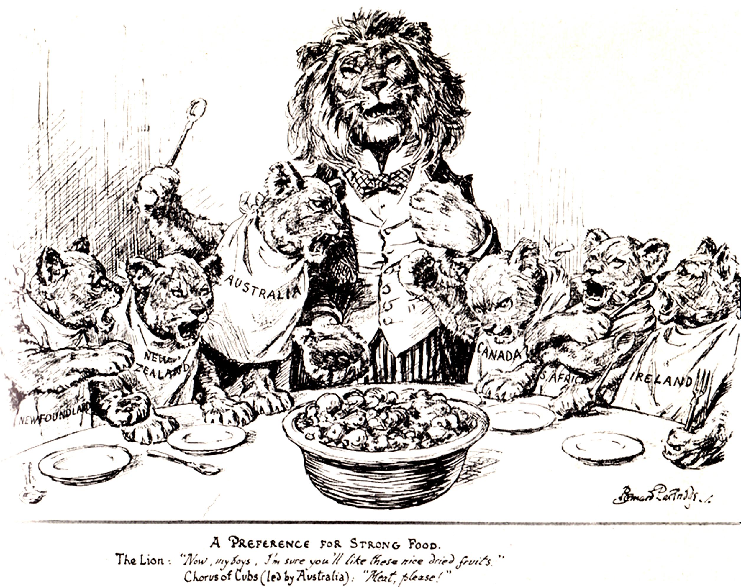 A preference for strong food, cartoon from 17 October 1923 after the imperial conference. It shows Great Britain as a lion offering dried fruit, while the cubs, including Australia, ask for meat.
