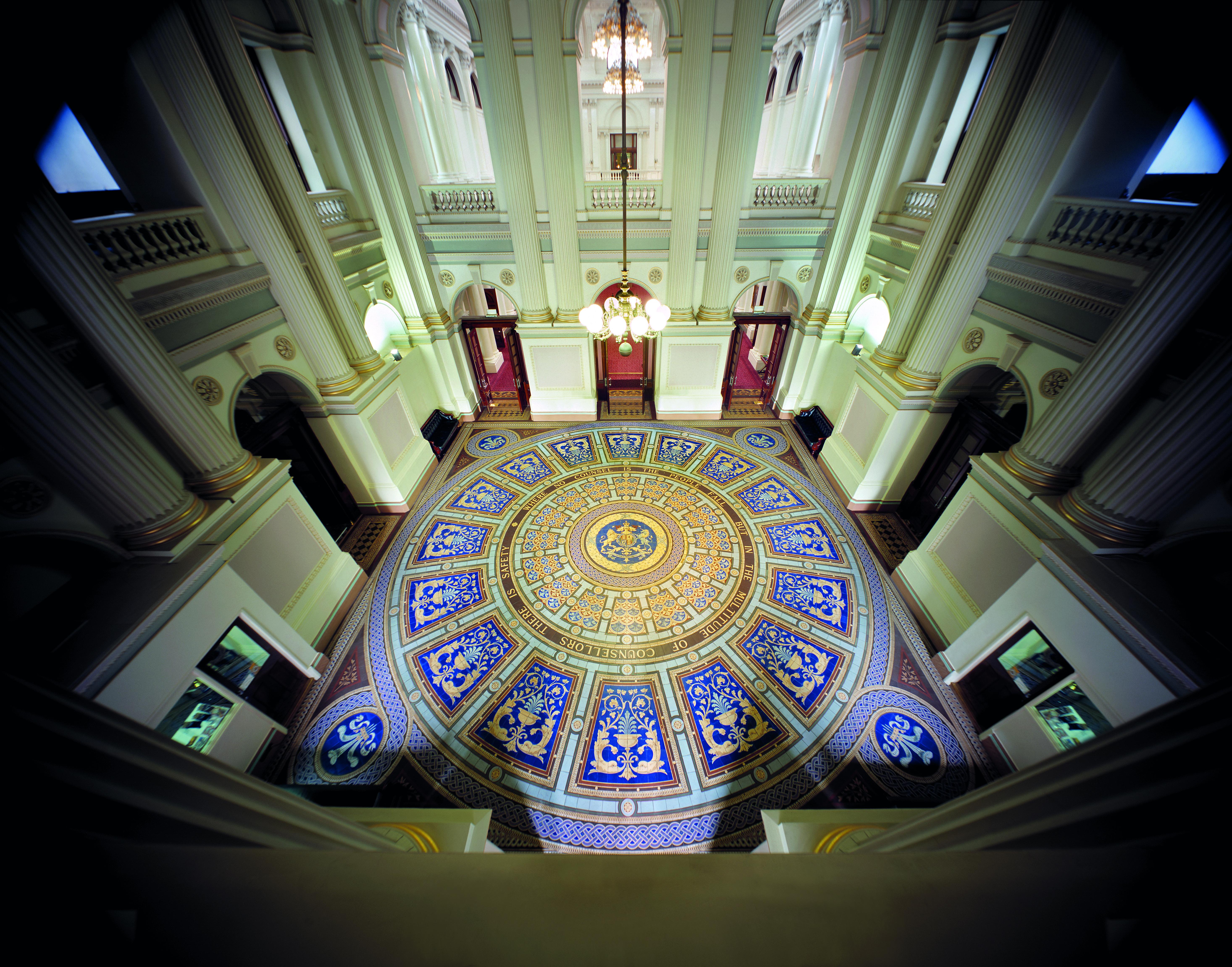 The intricate mosaic floor in the vestibule of the Parliament of Victoria, Melbourne, includes an inscription which reads, ‘Where no counsel is the people fall but in the multitude of counsellors there is safety’, from the Book of Proverbs, 11:14.