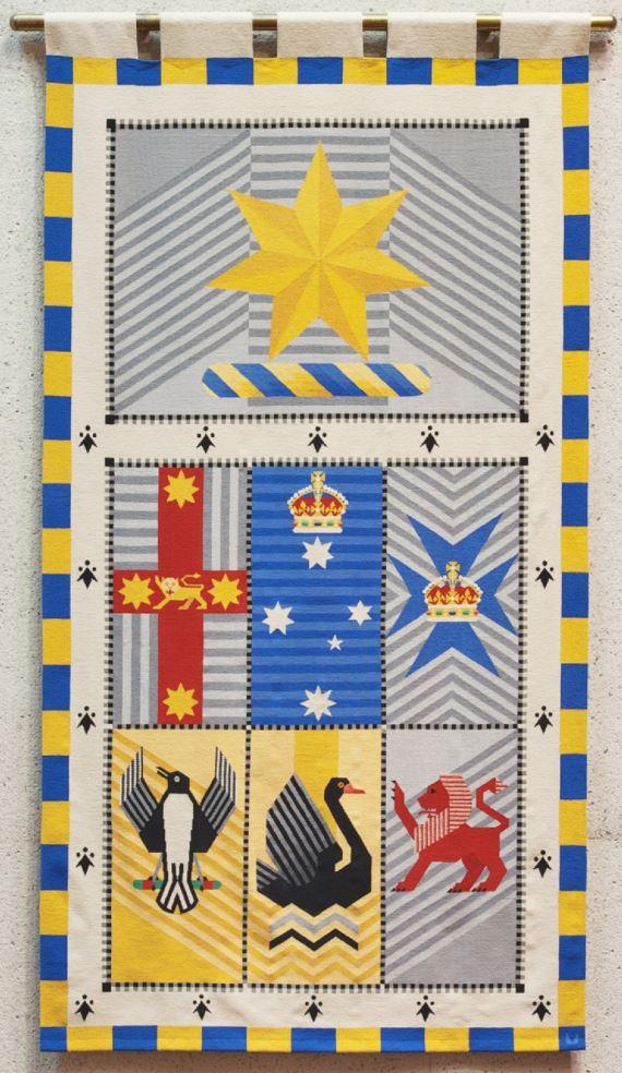 State Badges and Commonwealth Arms, 1979–1980. Tapestry design and interpretation: Ron Brooks, Victorian Tapestry Workshop (now Australian Tapestry Workshop), Melbourne.