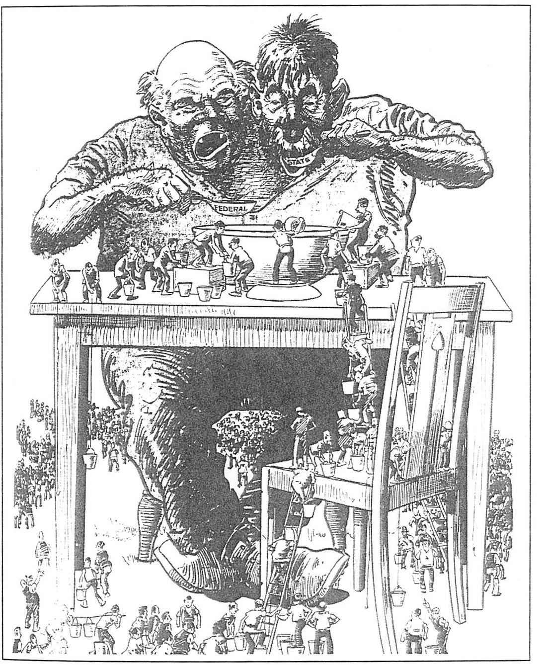 The two-headed giant&nbsp;was published on the cover of&nbsp;The Bulletin, 14 March 1928. The cartoon illustrates concern about taxation at both Commonwealth and State levels.