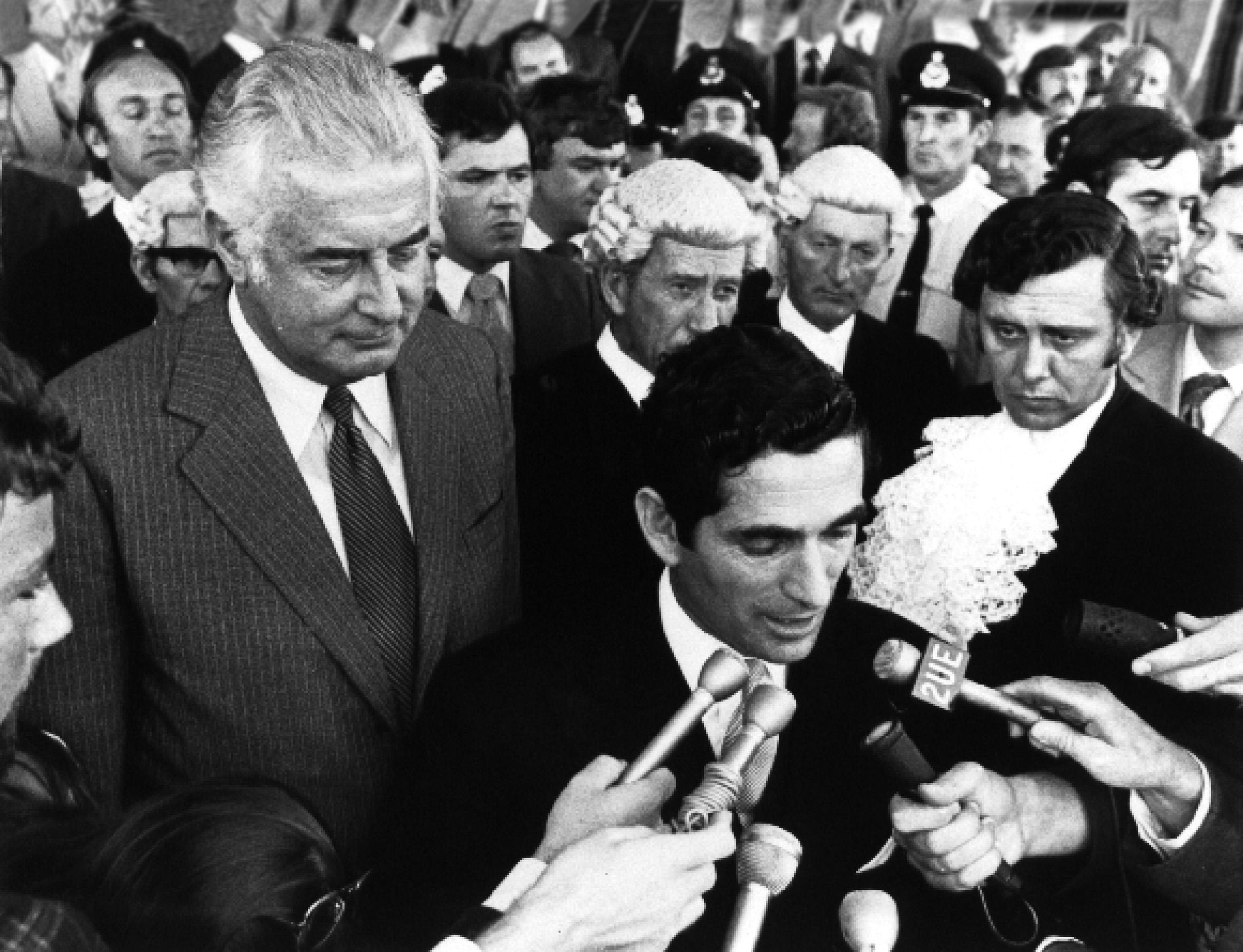 Constitutional crisis, 1975. David Smith, the Governor-General’s official secretary, reading the proclamation which dissolved Parliament on 11&nbsp;November, with just-dismissed Prime Minister Gough Whitlam looking on.