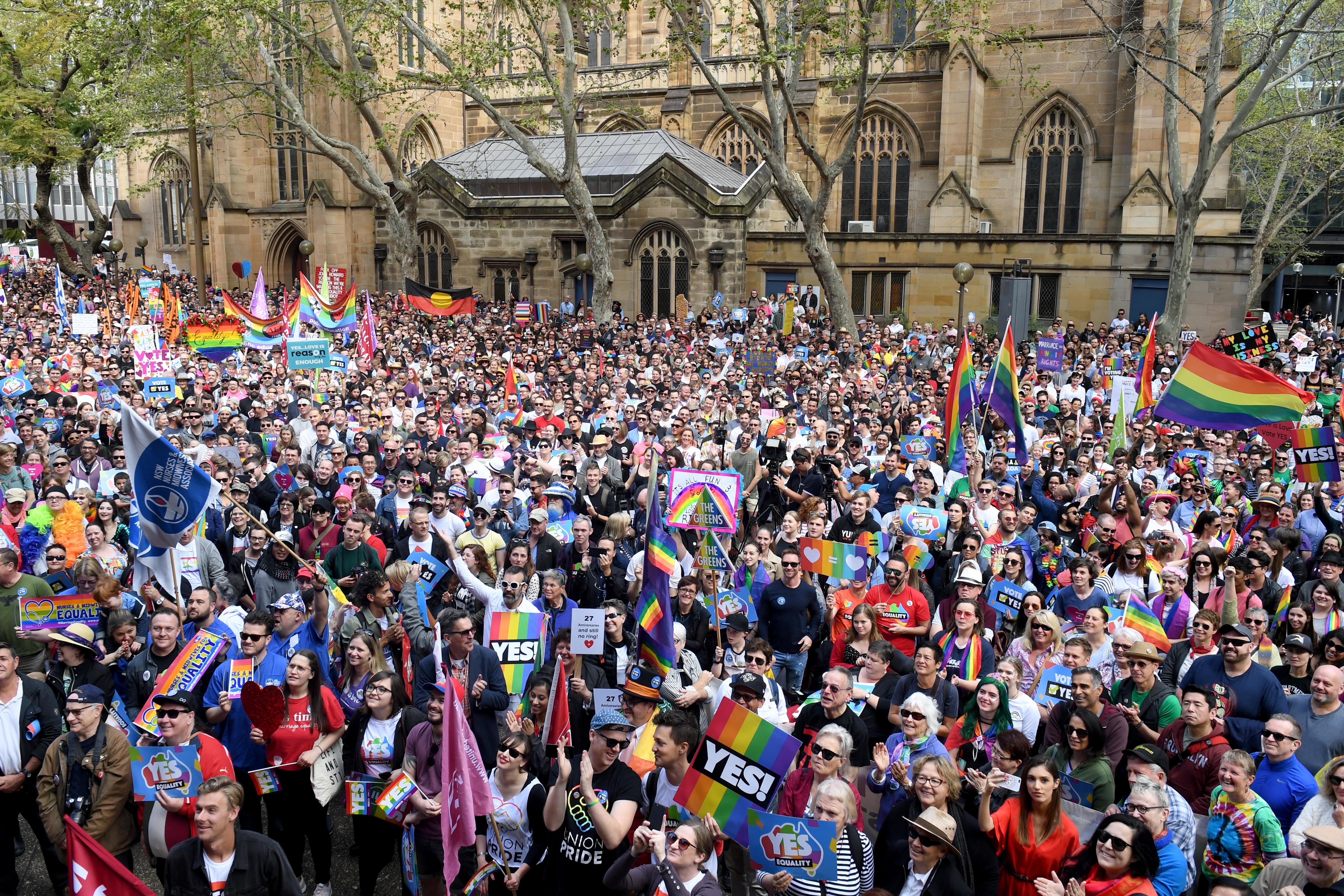 Yes rally for marriage equality, Sydney, Australia, 2017. A plebiscite on same-sex marriage was held in 2018 – see [11.7].